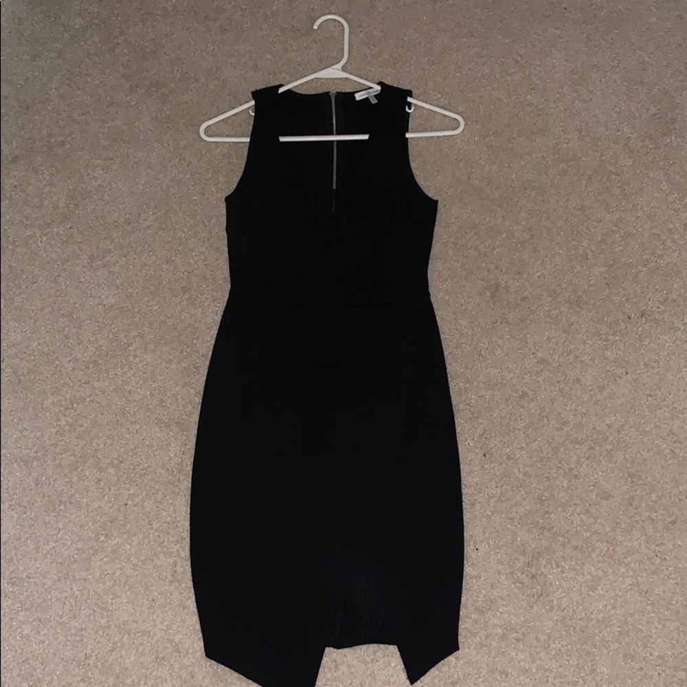 Asymmetric Black Body Con Dress with Lace